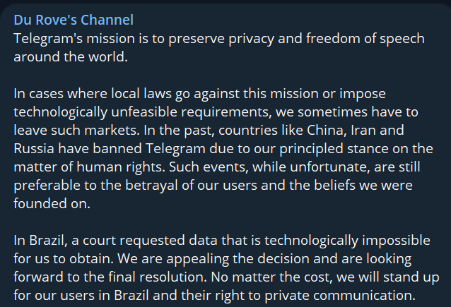 Telegram's founder Durov says complying with Brazil's data request is "impossible.