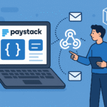 A flat-style digital illustration shows a person interacting with a laptop displaying the Paystack logo and code symbols. Surrounding the character are webhook icons, envelope symbols, and the Laravel logo, all set against a light blue background.