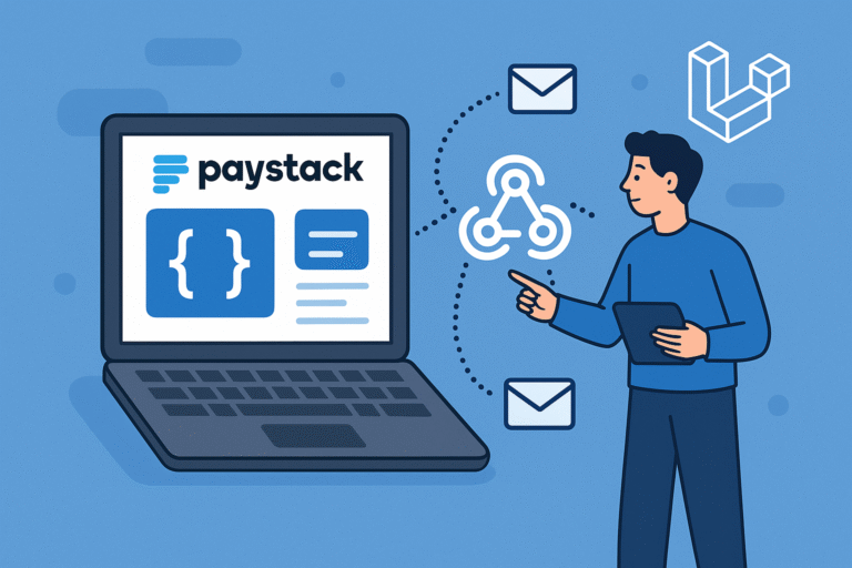 A flat-style digital illustration shows a person interacting with a laptop displaying the Paystack logo and code symbols. Surrounding the character are webhook icons, envelope symbols, and the Laravel logo, all set against a light blue background.