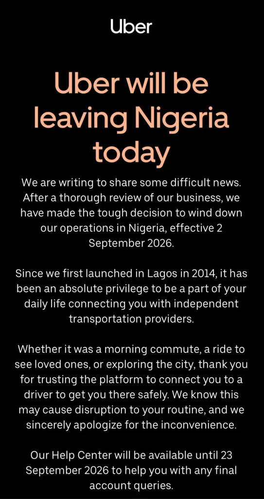Uber Is Shutting Down Operations in Nigeria